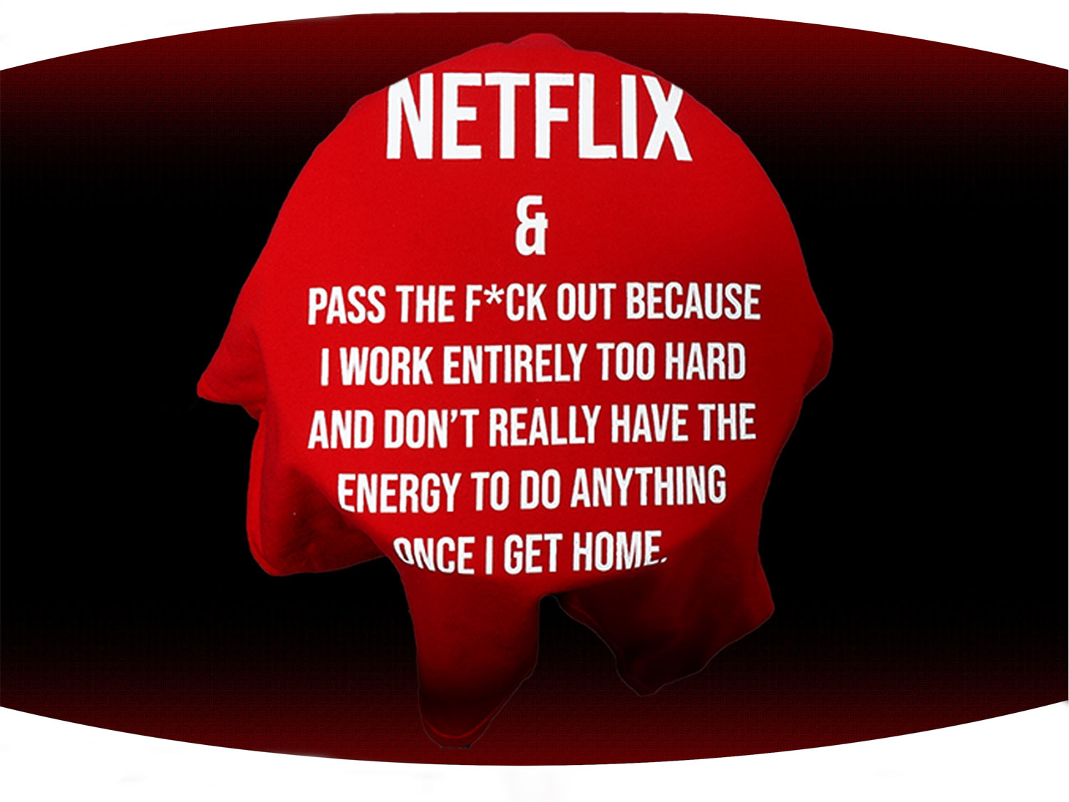 Close up of red screen printed Netflix and chill tank top with funny text on the front of it.