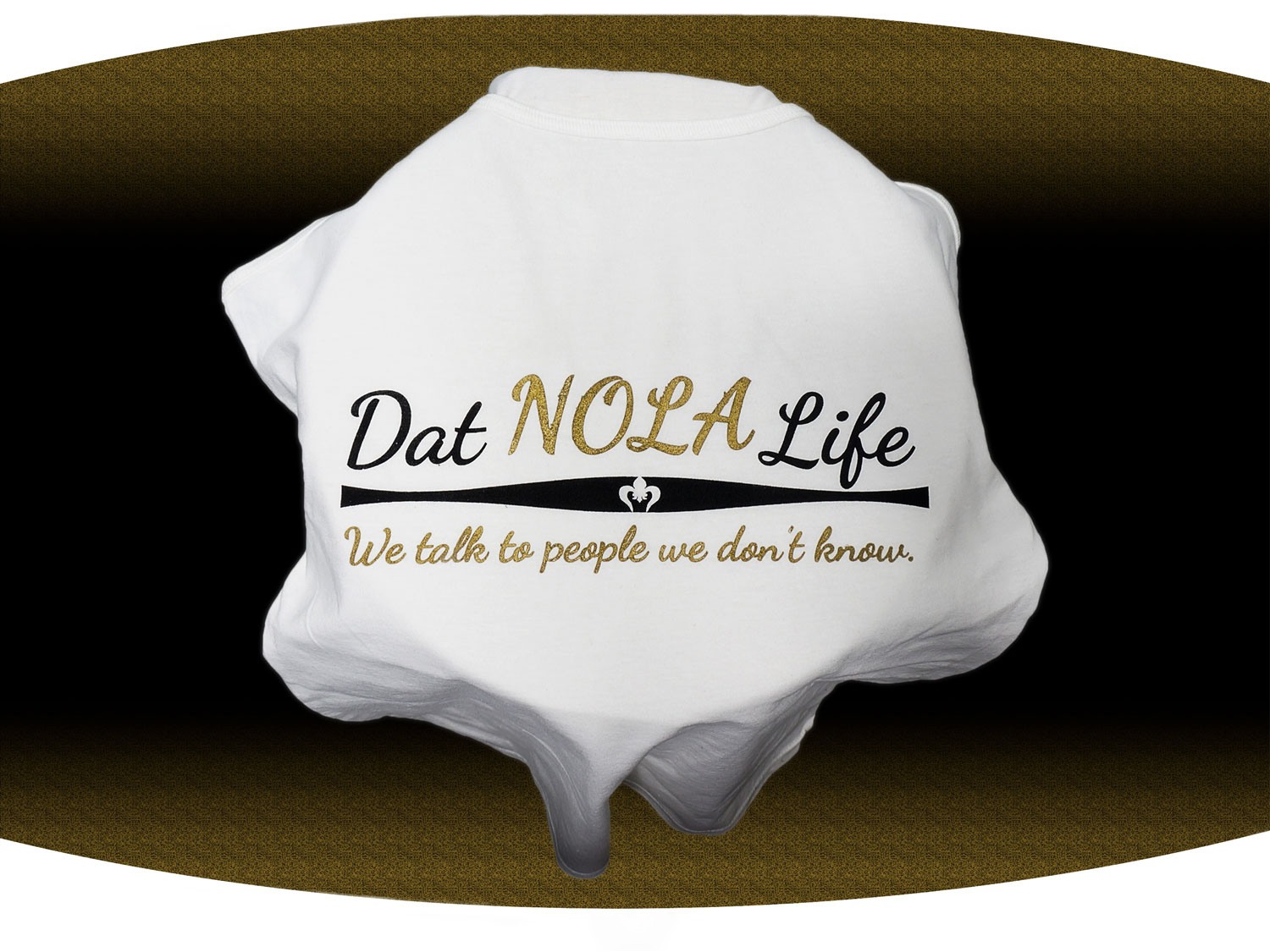 Close up of white screen printed tank top with the black and gold Dat Nola Life text across the chest